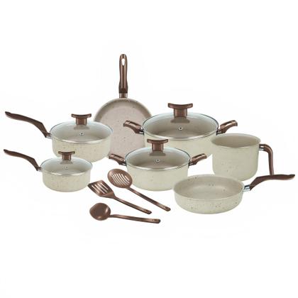 Imagem de Jogo de Panelas Antiaderente 10 Peças Baunilha Com Tampa de Vidro