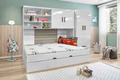 Imagem de Jogo de Quarto Chiara 3 Peças - Roupeiro 2 portas, Módulo Aéreo e Cama e cama Auxiliar  - Phoenix Baby Branco