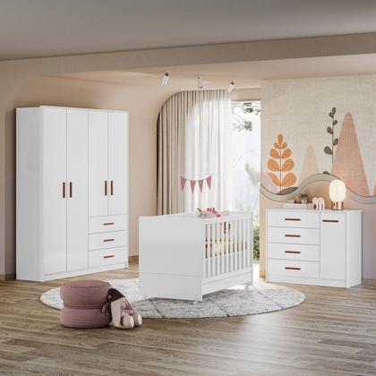 Imagem de Jogo De Quarto Completo Infantil Bebê Guarda Roupa 4 Portas 3 Gavetas Cômoda 4 Gavetas 1 Porta Berço Mini Cama Pérola
