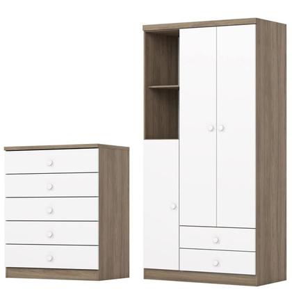 Imagem de Jogo de Quarto Infantil Guarda Roupa e Cômoda Bala de Menta Rústico/Branco - Henn