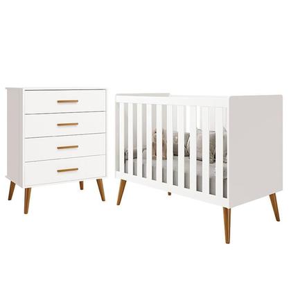 Imagem de Jogo de Quarto Infantil Isis Cômoda 4 Gavetas e Berço Branco - Reller Móveis