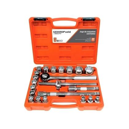 Imagem de Jogo de soquetes estriados d26 1/2" 8 a 32mm e acessórios com 22 peças