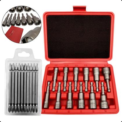 Imagem de Jogo De Soquetes Sextavado Imantado 12 Pç Milimetro Pol 1 4 Bits 110mm Ph2 Parafusadeira Furadeira