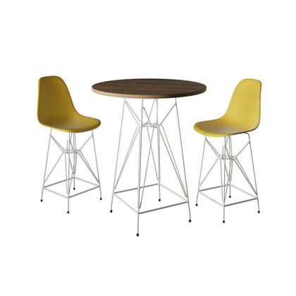 Imagem de Jogo Mesa Bistrô Eames Tampo Amêndoa 60Cm 2 Banquetas Amarela Base Ferro Branco - Cor: Amendoa