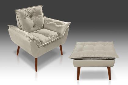 Imagem de Kit 01 Poltrona Opala + 01 Puf Opala com Fibra Siliconada Suede Bege - CS Poltronas e Cia