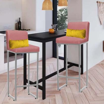 Imagem de Kit 02 Banqueta Alta com Encosto Lucca Industrial Cozinha Balcão Ferro Cinza Suede Rose Gold e Almofada Amarelo - Ahazzo Móveis