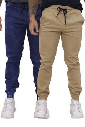 Imagem de Kit 02 Calças Jogger Sarja Premium Masculina Bege e Jeans