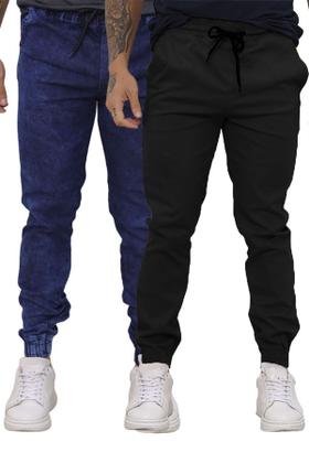 Imagem de Kit 02 Calças Jogger Sarja Premium Masculina Preta e Jeans