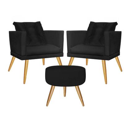 Imagem de Kit 02 Poltrona Com Almofada e Puff Milena Confort Sala Recepção Escritório Consultório Pé Caramelo material sintético Preto - DAMAFFÊ MÓVEIS