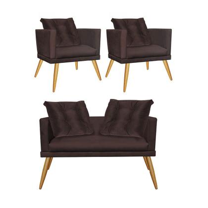 Imagem de Kit 02 Poltrona e Namoradeira Sofá Lucia Confort Com Almofada Sala Recepção Escritório Consultório Pé Castanho Suede Marrom - KDAcanto Móveis