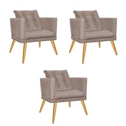 Imagem de Kit 03 Poltrona Cadeira Milena Confort Com almofada Sala Recepção Escritório Pé Caramelo Suede Bege - DAMAFFÊ MÓVEIS
