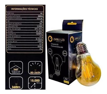 Imagem de Kit 05 Lâmpadas Filamento Led Retrô A60 4w Âmbar Bivolt E27