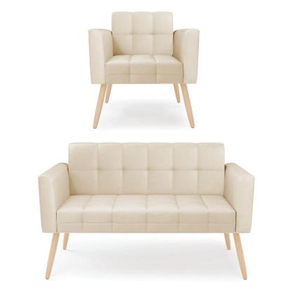 Imagem de Kit 1 Sofá Namoradeira E 1 Poltrona Elisa material sintético Bege Pés Palito Natural - D'rossi
