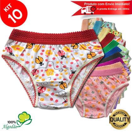 Imagem de Kit 10 Calcinhas Infantil Algodão Estampada Cós Elástico Menina