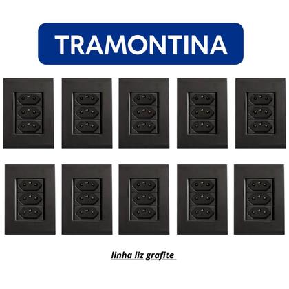 Imagem de Kit 10 Conjunto Tomada Tripla 10A Tramontina Liz Grafite