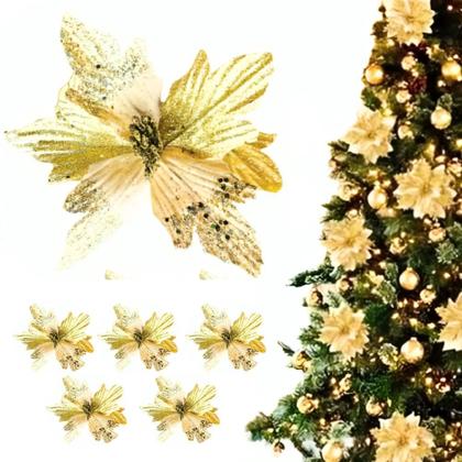 Imagem de Kit 12 Flores Enfeite Dourado Árvore de Natal Com Glitter