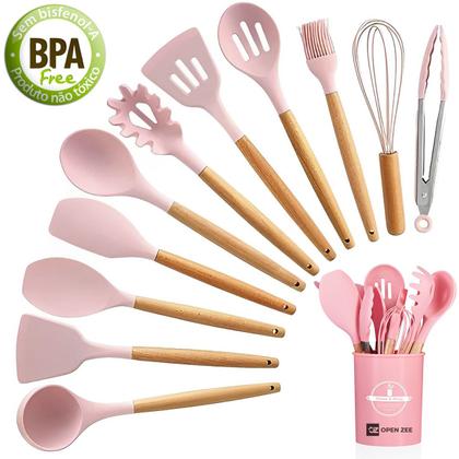Imagem de Kit 12 Utensílios de Cozinha Silicone Conjunto Cabo de Madeira Copo Suporte