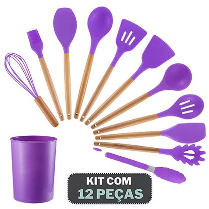 Imagem de Kit 12 Utensílios Jogo de Cozinha de Silicone com Espatulas Pincel Batedor Manual - Roxo
