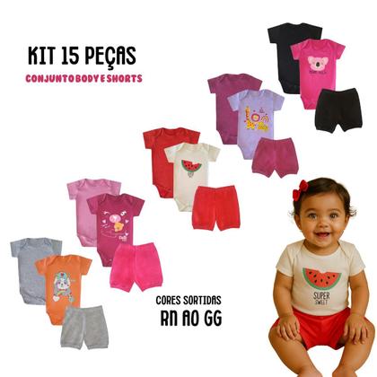 Imagem de Kit 15 peças Trijunto Roupa Bebê Body manga Curta Shorts com Punhos Menino Menina Algodão c elastano Enxoval Atacado RN aoGG