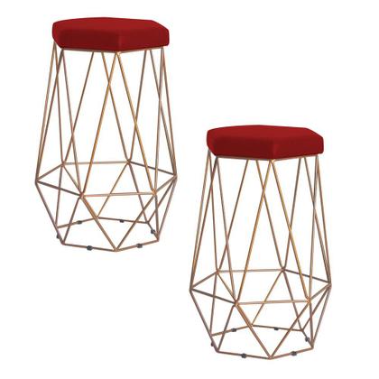 Imagem de Kit 2 Banqueta Decorativa Rubel Base Gold Veludo Vermelho G41 - Gran Belo