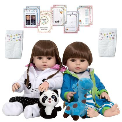 Imagem de Kit 2 Bebe Reborn Gêmeos Girafa Panda Recem Nascido Enxoval