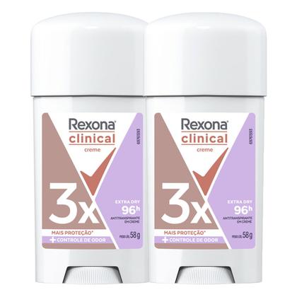 Imagem de Kit 2 Desodorante Rexona Clinical Creme Extra Dry Women Antitranspirante 96h Stick 58g