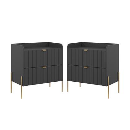 Imagem de kit 2 mesa de cabeceira classico pé de ferro dourado industrial 2 gavetas riscada moriah 60cm mdf moderna