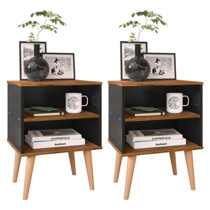 Imagem de Kit 2 Mesas Cabeceira Pés Palito Retrô Nicho Decorativo Prateleira Organizadora Jogo Quarto Completo Mesinha Lateral Cama - RPM Móveis