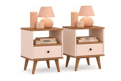 Imagem de Kit 2 Mesas de cabeceira OffWhite quarto 1 gaveta e um Nicho pés palito Ted