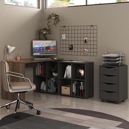 Imagem de Kit 2 Peças com Escrivaninha em L 8 Nichos e Gaveteiro Bit Organizador 4 Gavetas com Chave