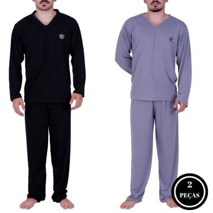 Imagem de Kit 2 Pijama de Inverno Manga Longa Calça Comprida Adulto Masculino Longo Frio PRETO E CINZA