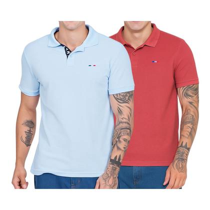 Imagem de Kit 2 Polos Masculina Básicas FMF Azul Bebe e Coral Piquet