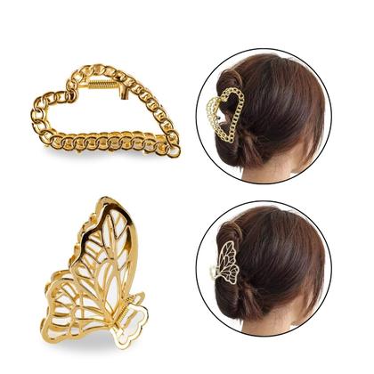 Imagem de Kit 2 Prendedores de Cabelo Metal Dourado Borboleta Coração