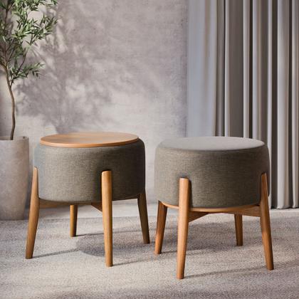 Imagem de Kit 2 Puffs Dual 2 em 1 Acabamento Moderno Vira Mesa de Apoio Linho Chumbo