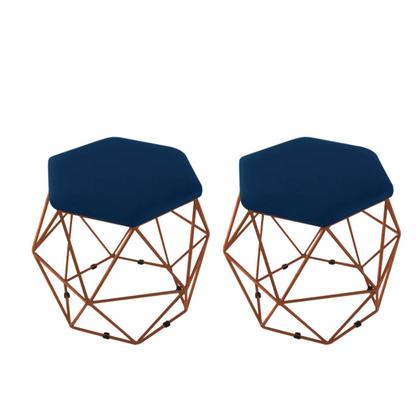 Imagem de kit 2 Puffs Onix Aramado Base Bronze Hexagonal Azul Marinho