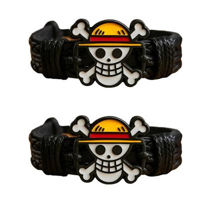 Imagem de Kit 2 Pulseira One Piece Monkey D Luffy De Couro Caveira Anime Otaku Ajustável