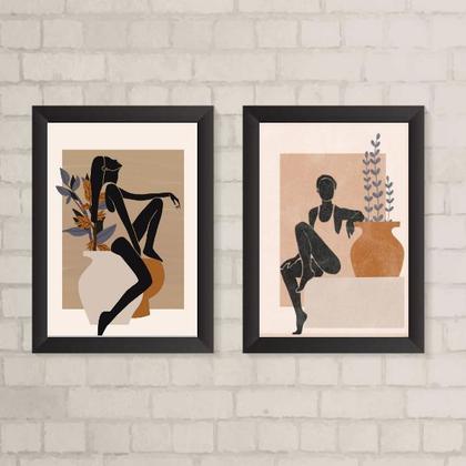 Imagem de Kit 2 Quadros Arte Boho Mulheres ComVasos 24x18cm