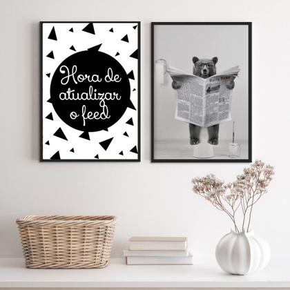 Imagem de Kit 2 Quadros Engraçados Banheiro - Urso 33x24cm - com vidro