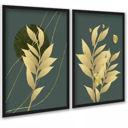 Imagem de Kit 2 Quadros Folhas Verde Musgo Com Dourado 33X24Cm - Vidro