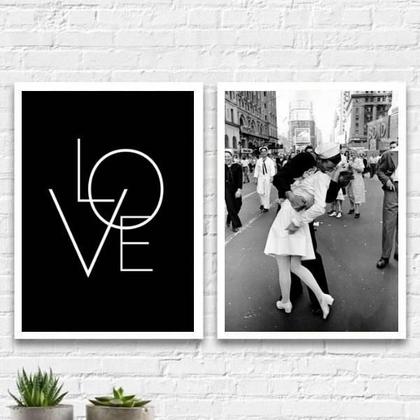Imagem de Kit 2 Quadros Love Beijo Segunda Guerra 45X34 Moldura Preta