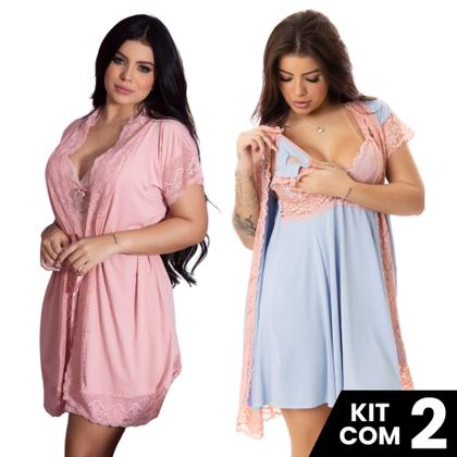Imagem de Kit 2 Robes Roupão e 2 Camisolas Amamentação Pós Parto Liso Com Renda Maternidade