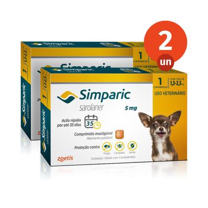 Imagem de Kit 2 Simparic Antipulgas e Carrapatos para Cães de 1,3 a 2,5kg 1 Comprimido 5mg Zoetis