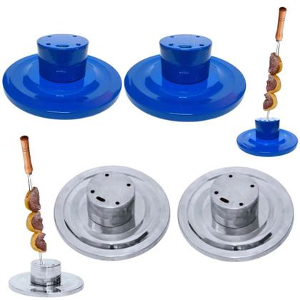 Imagem de Kit 2 Suporte Espeto de Mesa Aluminio com 5 Furos + 2 Suportes Porta Espeto 5 Furos Azul para Churrasco  Jl Artesanatos 