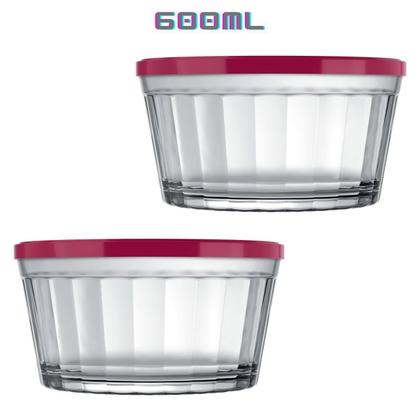 Imagem de Kit 2 Tigelas de Vidro Americano 600ml Tampa Colorida Nadir
