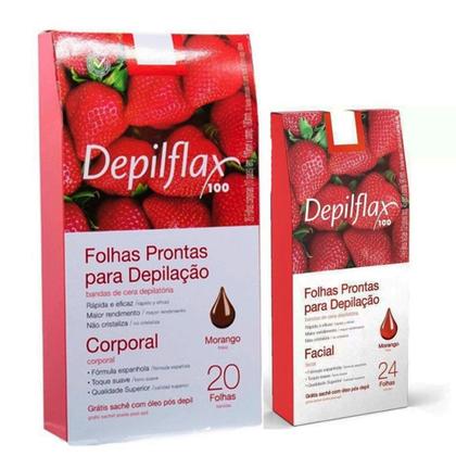 Imagem de Kit 20 Folhas de Cera Depilatória Corporal e 24 Folhas Facial Morango - Depilflax