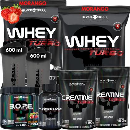 Imagem de Kit 2x Whey Turbo + 2x Creatina 150g + Pré-Treino BOPE 150g + Thermo Flame Termogênico 120 Tabletes+ 2x Coqueteleira - Black Skull