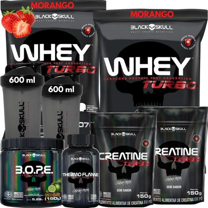 Imagem de Kit 2x Whey Turbo + 2x Creatina 150g + Pré-Treino BOPE 150g + Thermo Flame Termogênico 120 Tabletes+ 2x Coqueteleira - Black Skull