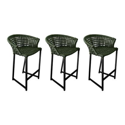 Imagem de Kit 3 Banquetas Bistrô em Corda Naútica Verde Musgo Base Alumínio Reis