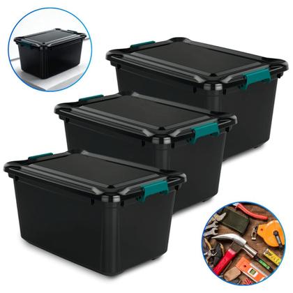 Imagem de Kit 3 Caixas Organizadoras 27 Litros Tampa E Trava Baú Plástico Preta Robusta