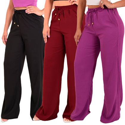 Imagem de Kit 3 Calça Pantalona Feminina Cintura Alta Tendência Larga  Altíssima Qualidade